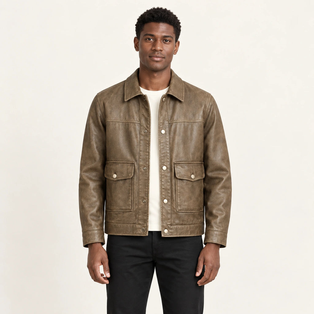 Veste en cuir marron, face dans le studio IVAREE