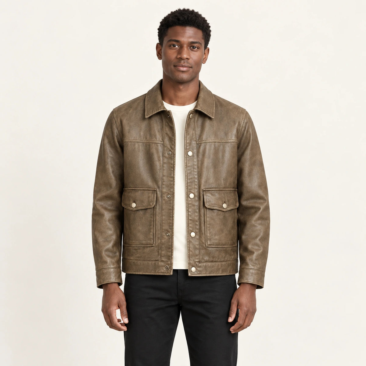 Veste en cuir marron, face dans le studio IVAREE