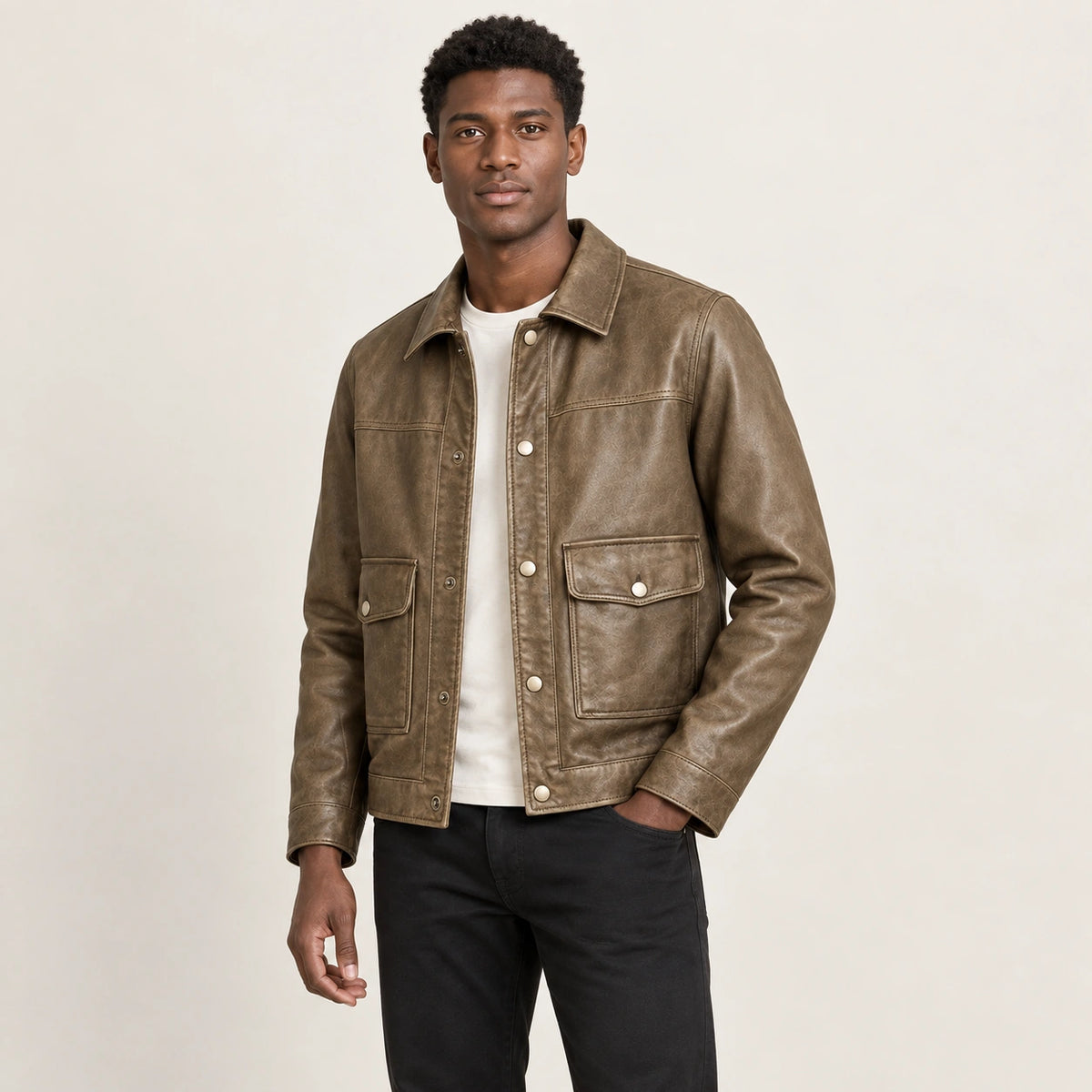 Veste en cuir marron, trois-quarts dans le studio IVAREE