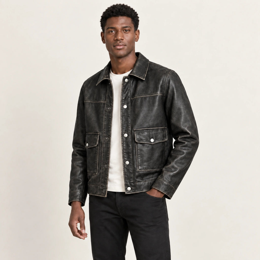 Veste en cuir noir, trois-quarts dans le studio IVAREE