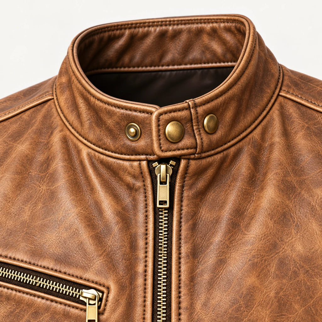 Veste en cuir Fauve, vue detail dans le studio IVAREE