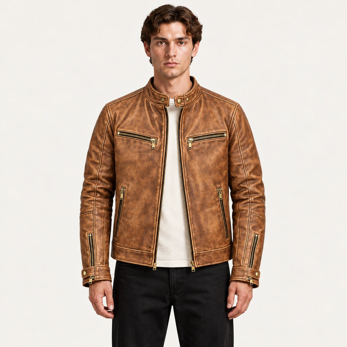 Veste en cuir fauve, face dans le studio IVAREE