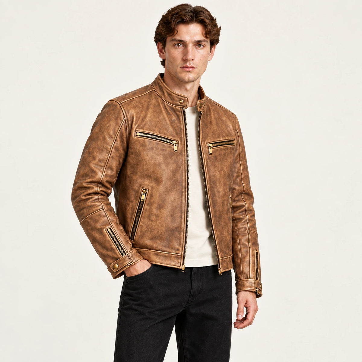 Veste en cuir fauve, trois-quarts dans le studio IVAREE