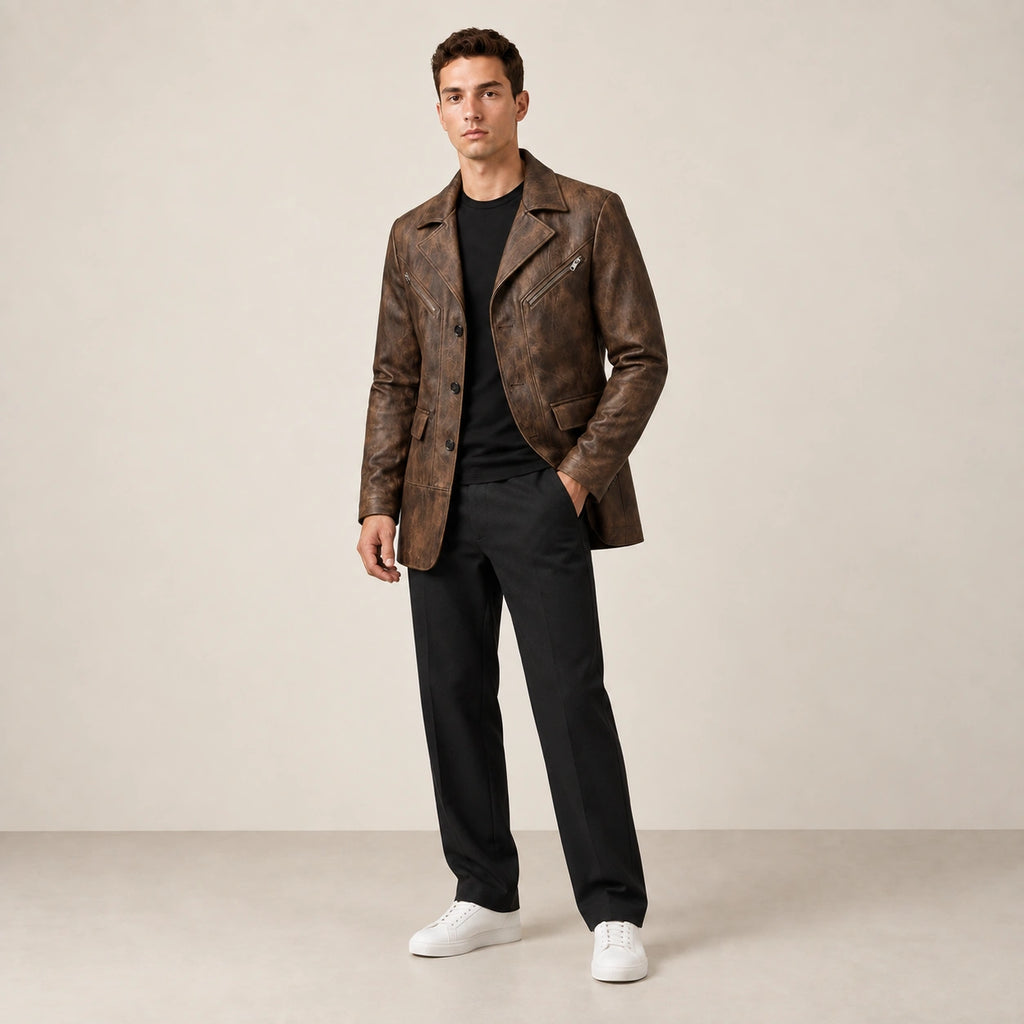 Veste marron à empiècements structurés, portée en pose naturelle dans le studio IVAREE.