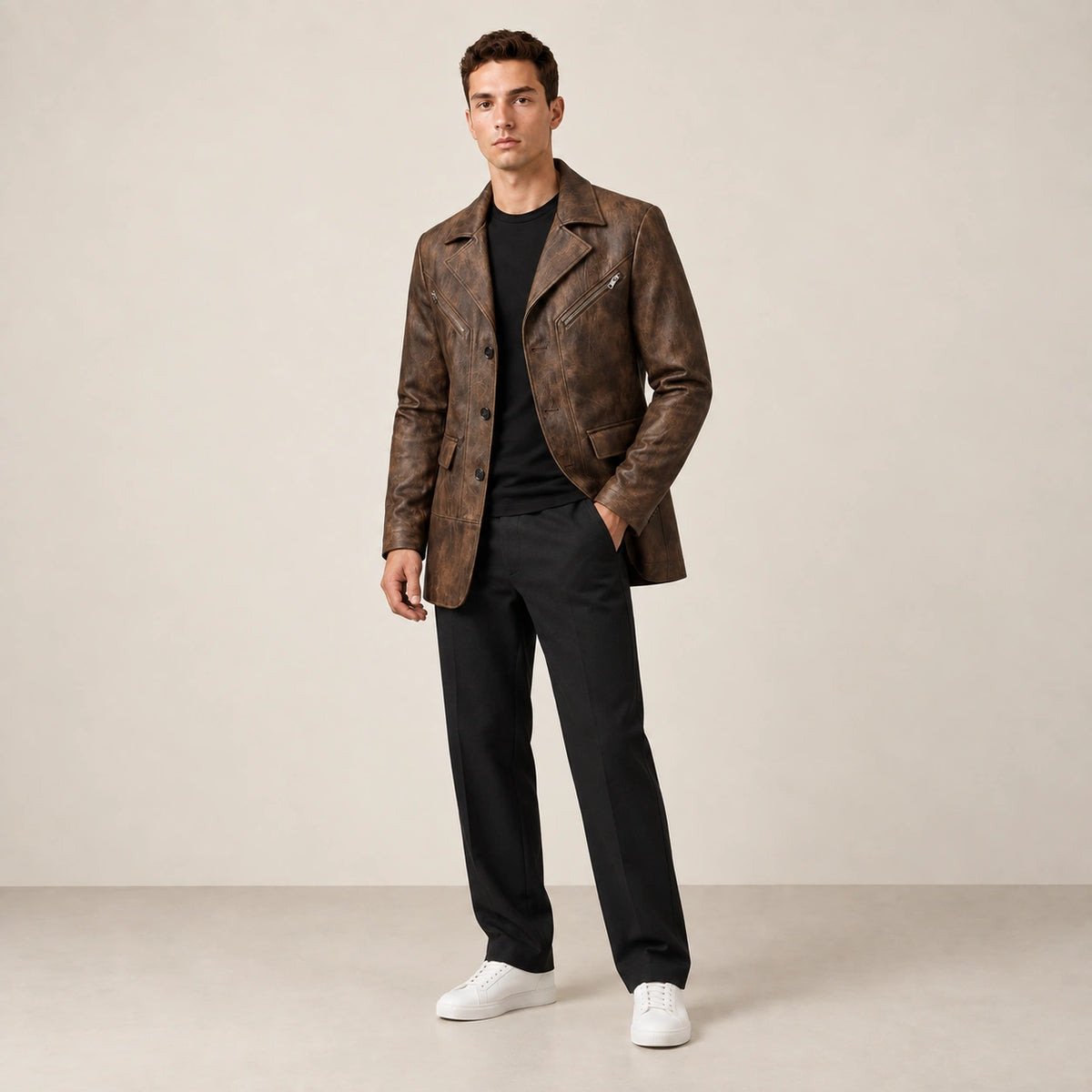 Veste marron à empiècements structurés, portée en pose naturelle dans le studio IVAREE.