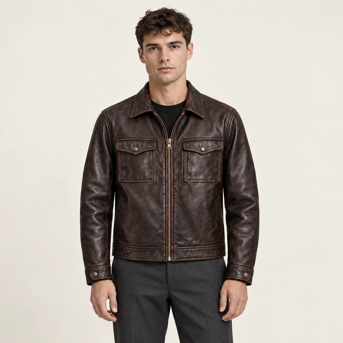Veste en cuir marron, vue de face dans le studio IVAREE
