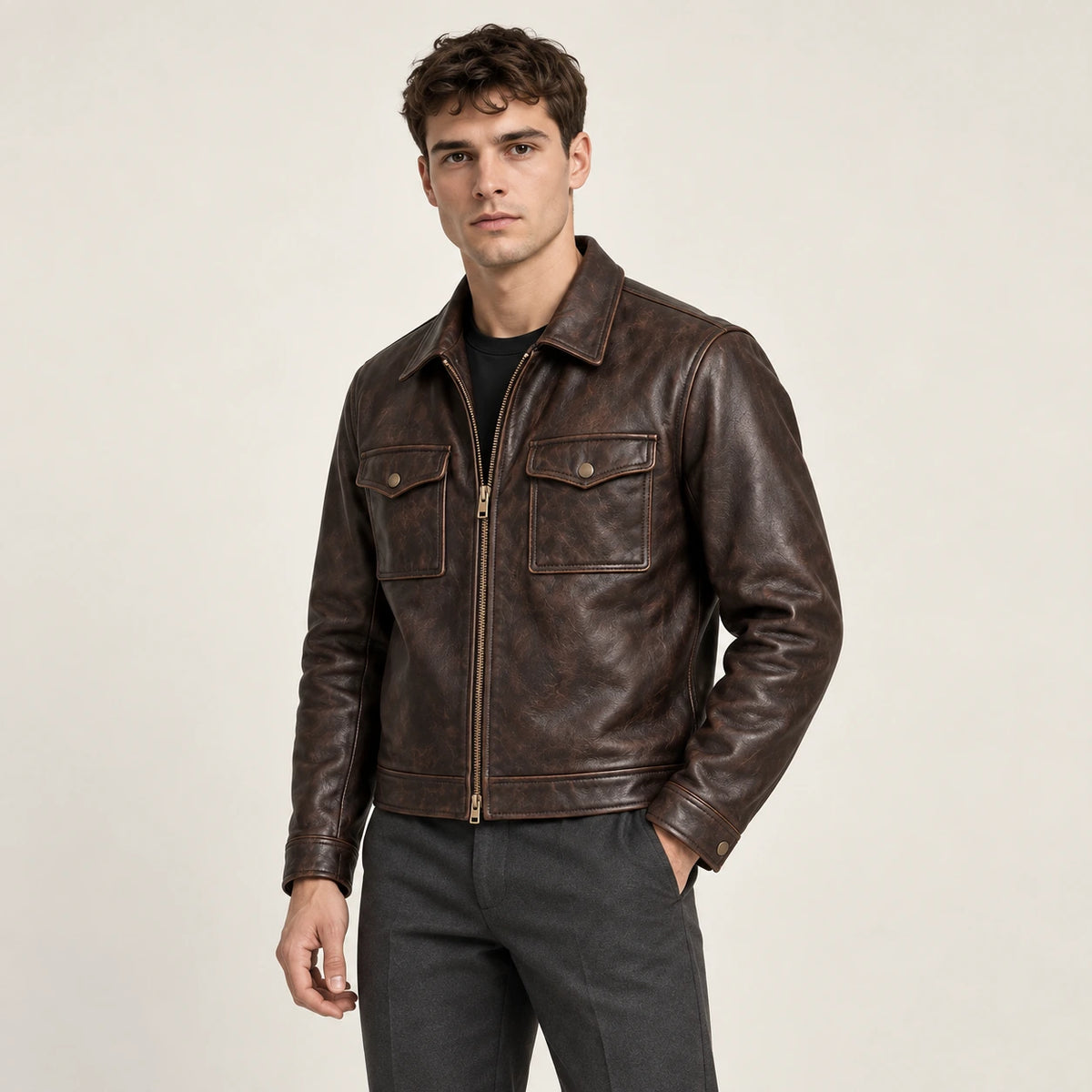 Veste en cuir marron, vue trois-quarts dans le studio IVAREE