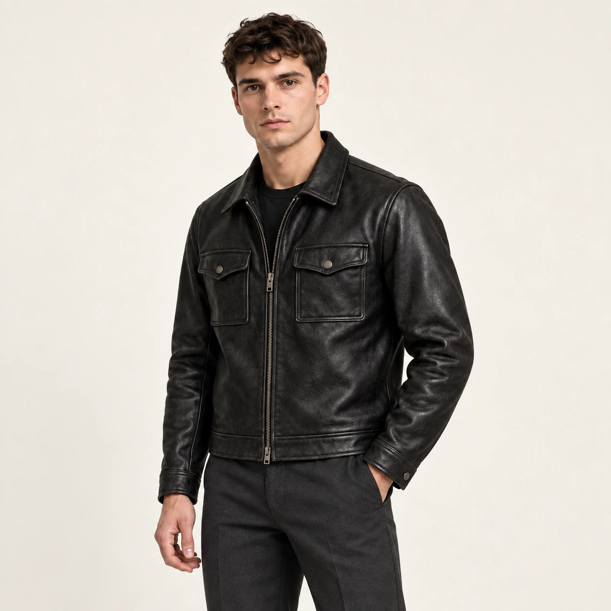 Veste en cuir noir, vue trois-quarts dans le studio IVAREE