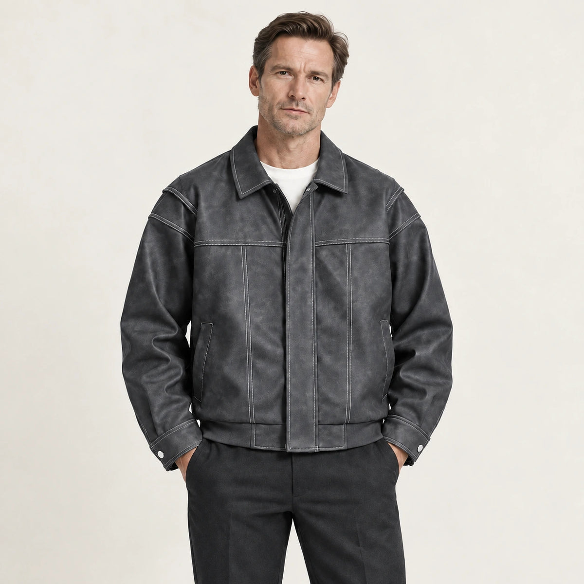 Veste en cuir gris foncé, face dans le studio IVAREE