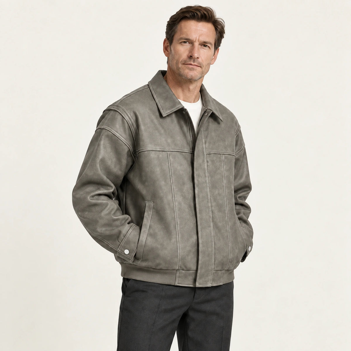 Veste en cuir gris, trois-quarts dans le studio IVAREE