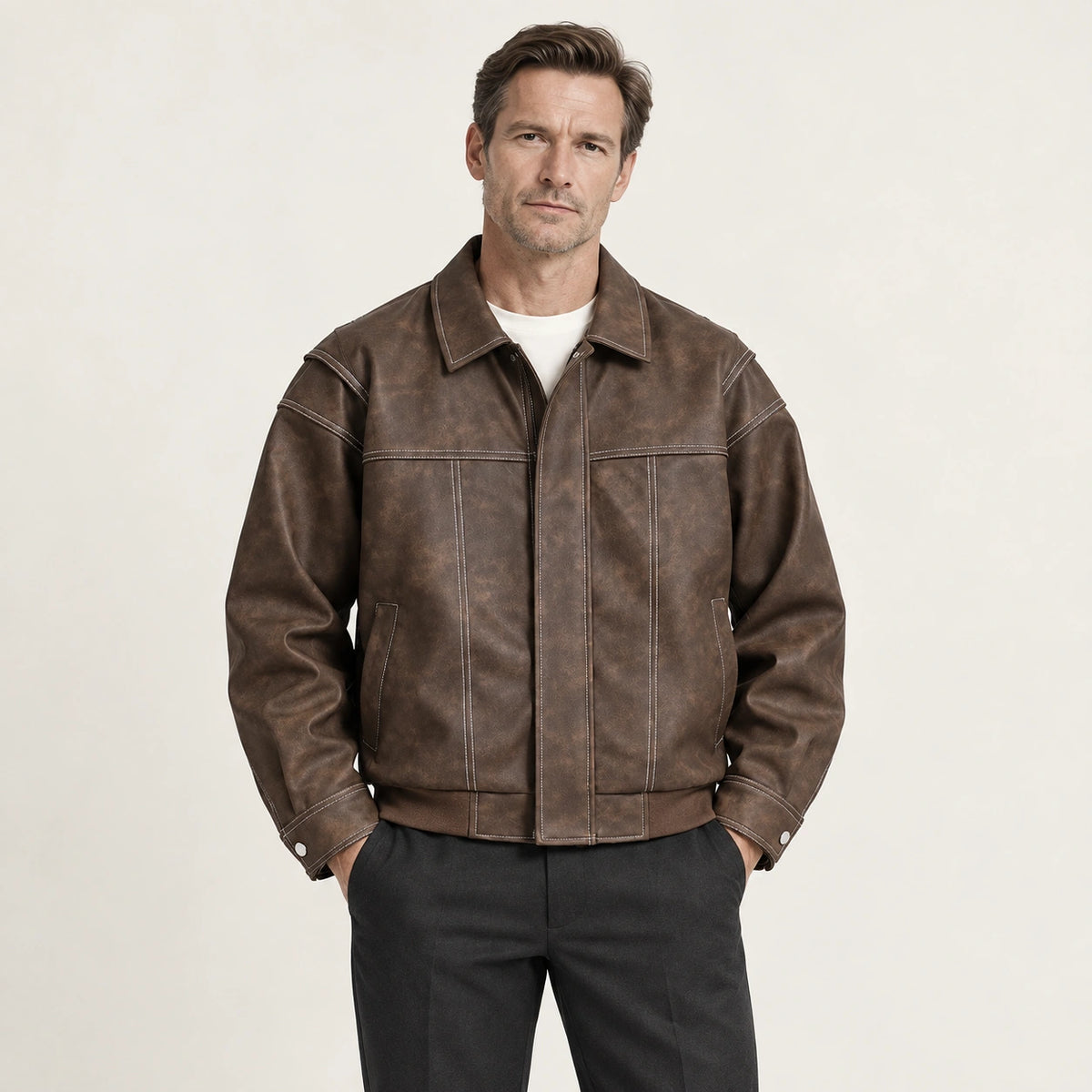 Veste en cuir marron, face dans le studio IVAREE