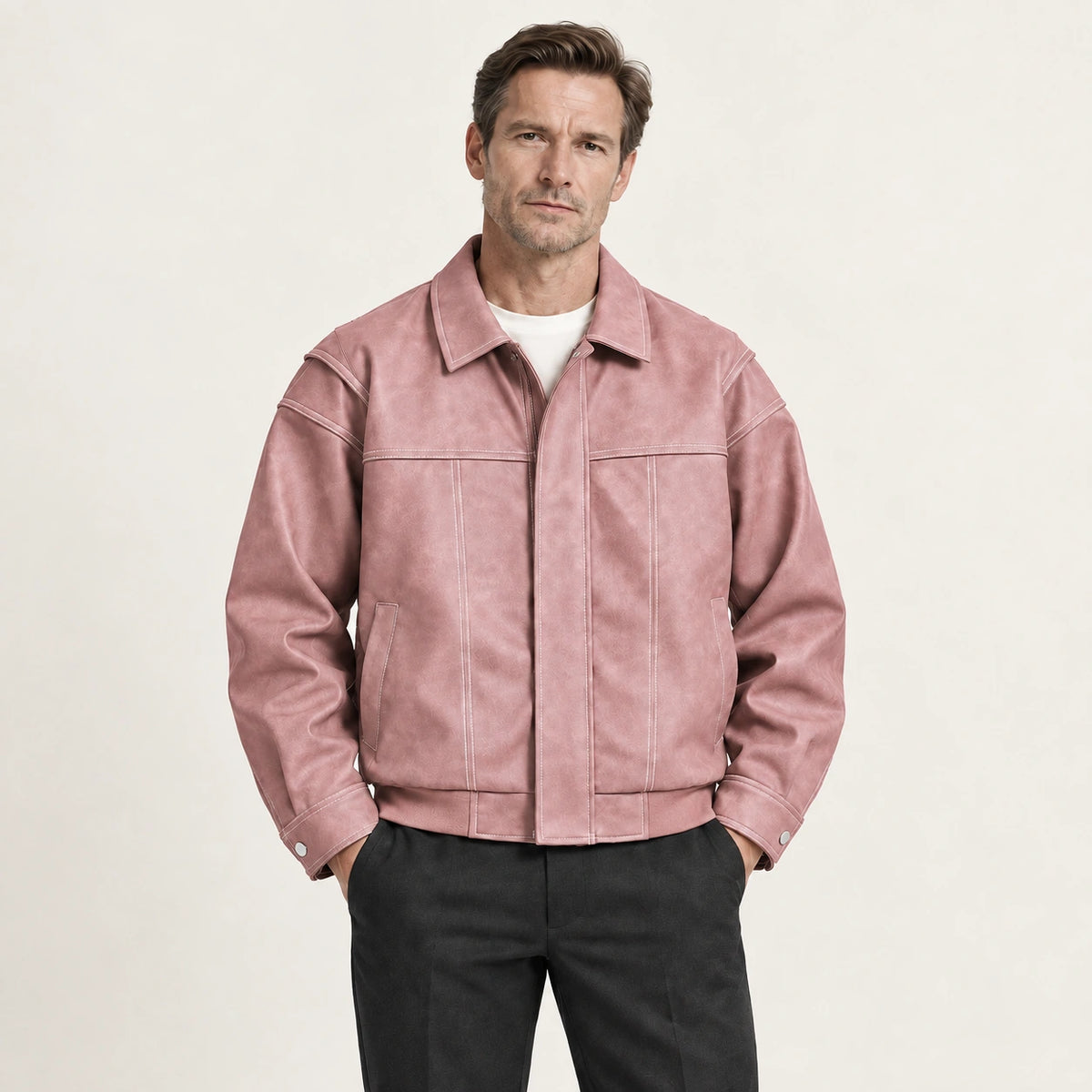Veste en cuir rose, face dans le studio IVAREE