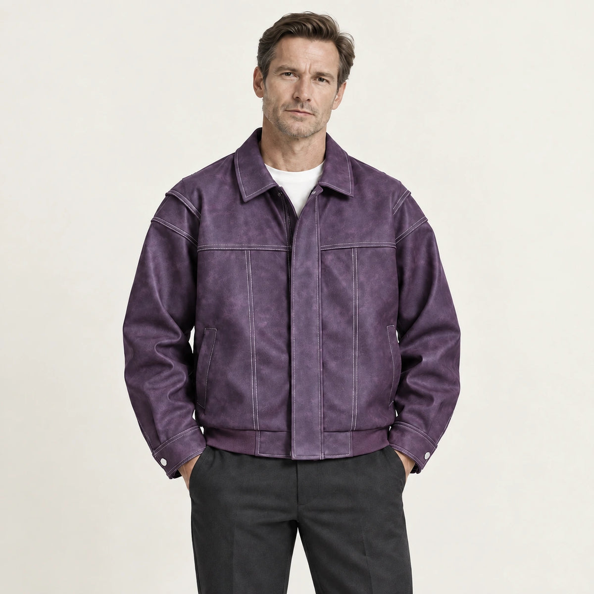 Veste en cuir violet, face dans le studio IVAREE