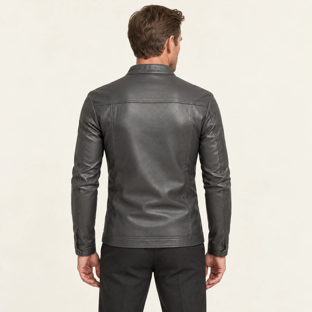 Veste en cuir Gris foncé, vue dos dans le studio IVAREE