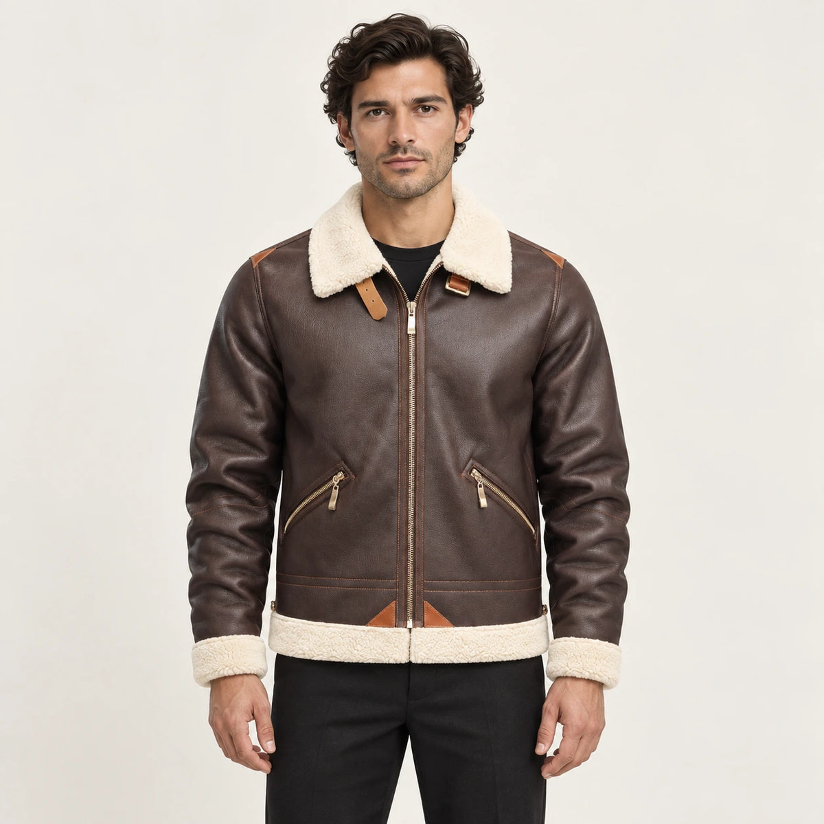 Veste en cuir Café, vue face dans le studio IVAREE