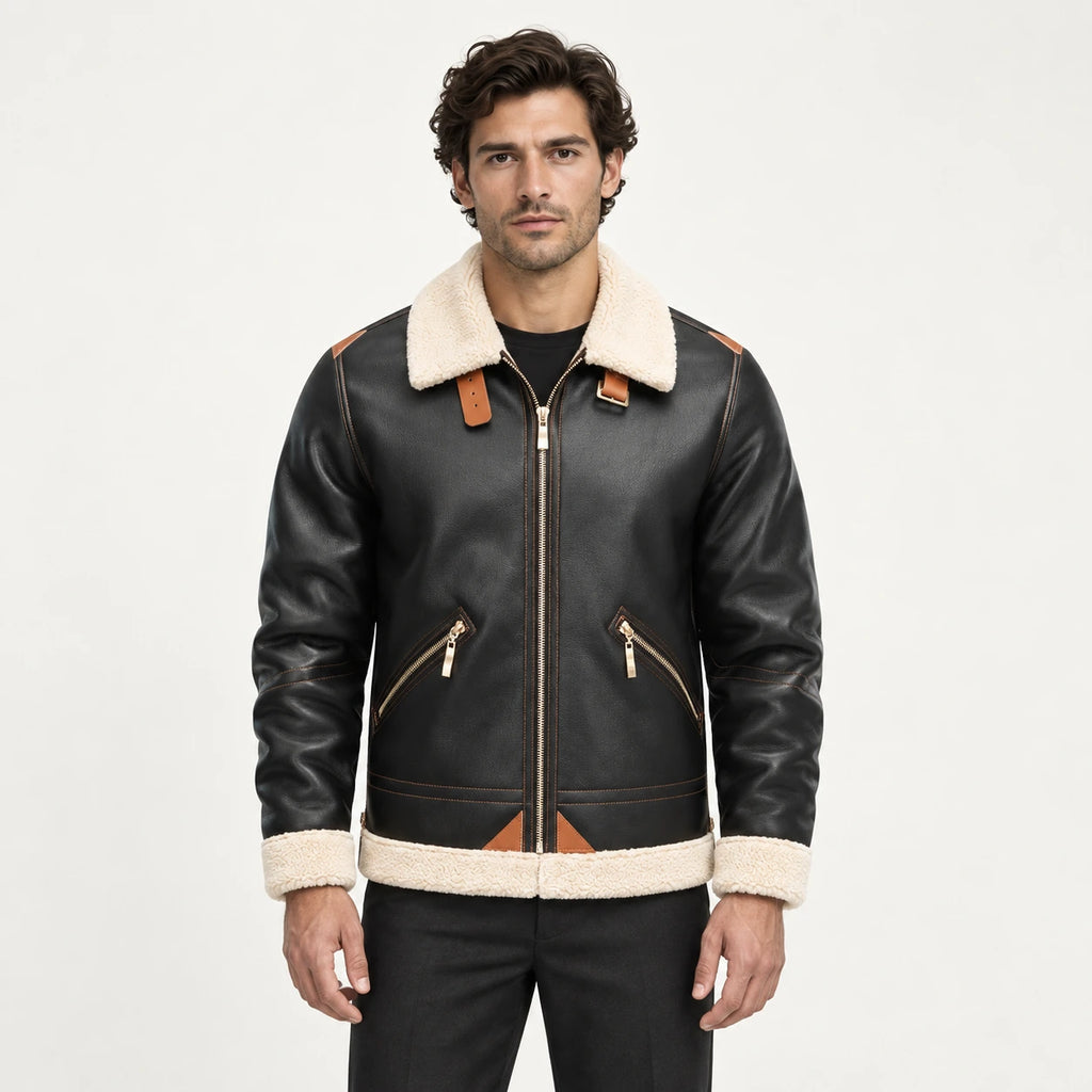 Veste en cuir Noir, vue face dans le studio IVAREE