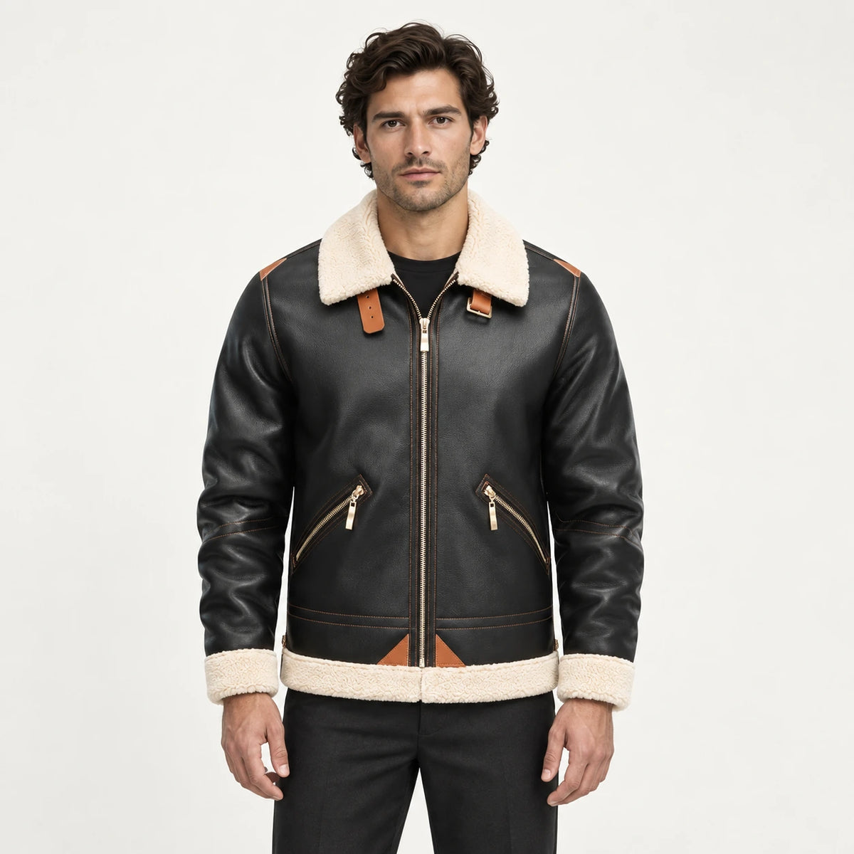 Veste en cuir Noir, vue face dans le studio IVAREE