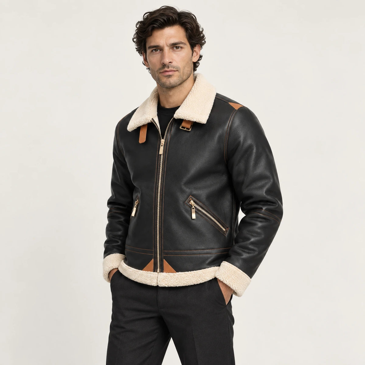 Veste en cuir Noir, vue trois-quarts dans le studio IVAREE