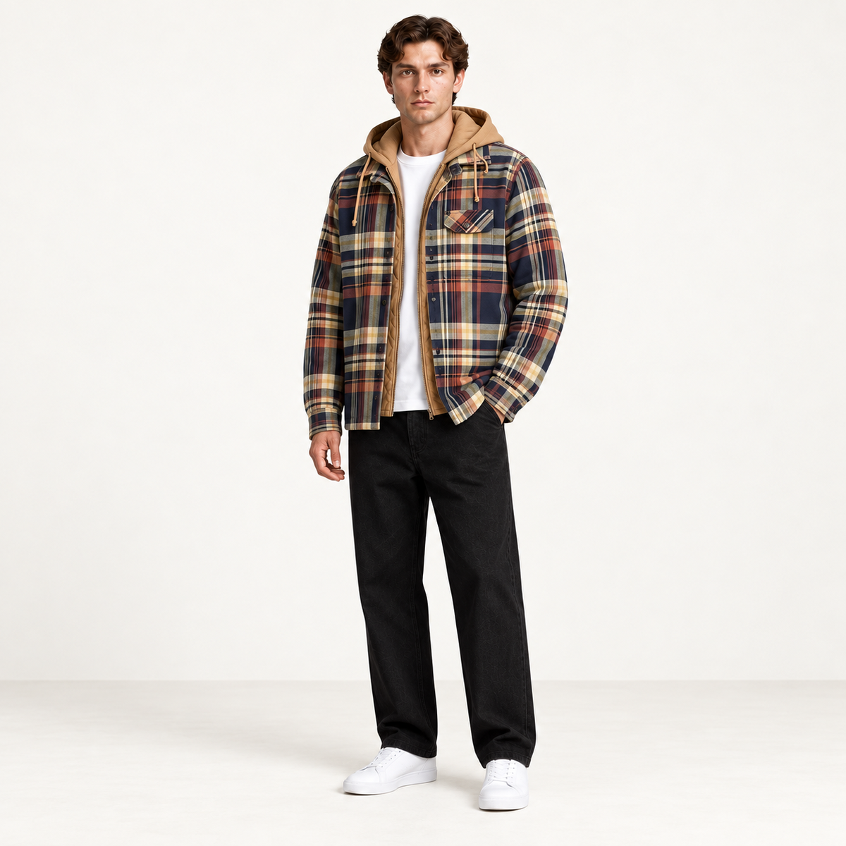 Veste flanelle à carreaux à capuche bleu marine, portée trois-quarts, dans le studio IVAREE.