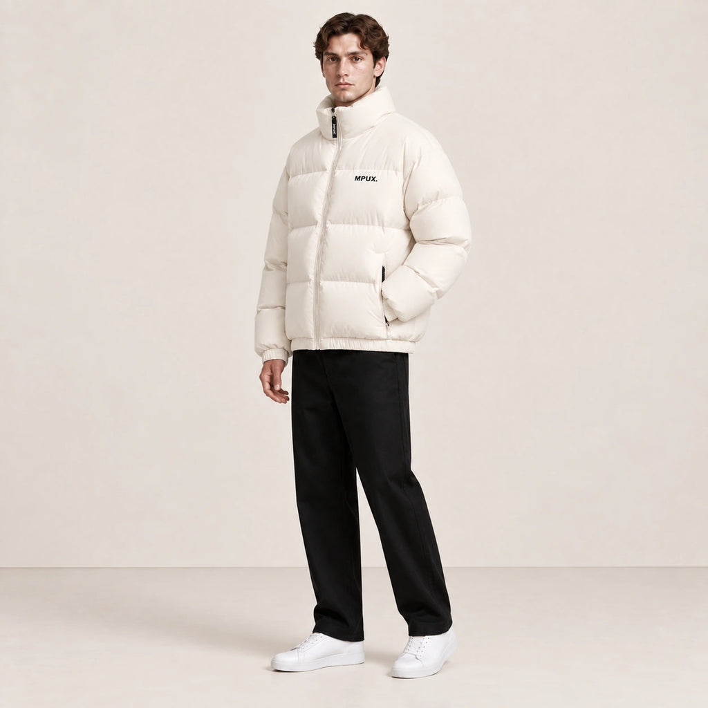 Veste d’hiver abricot à col montant, portée de trois-quarts dans le studio IVAREE.