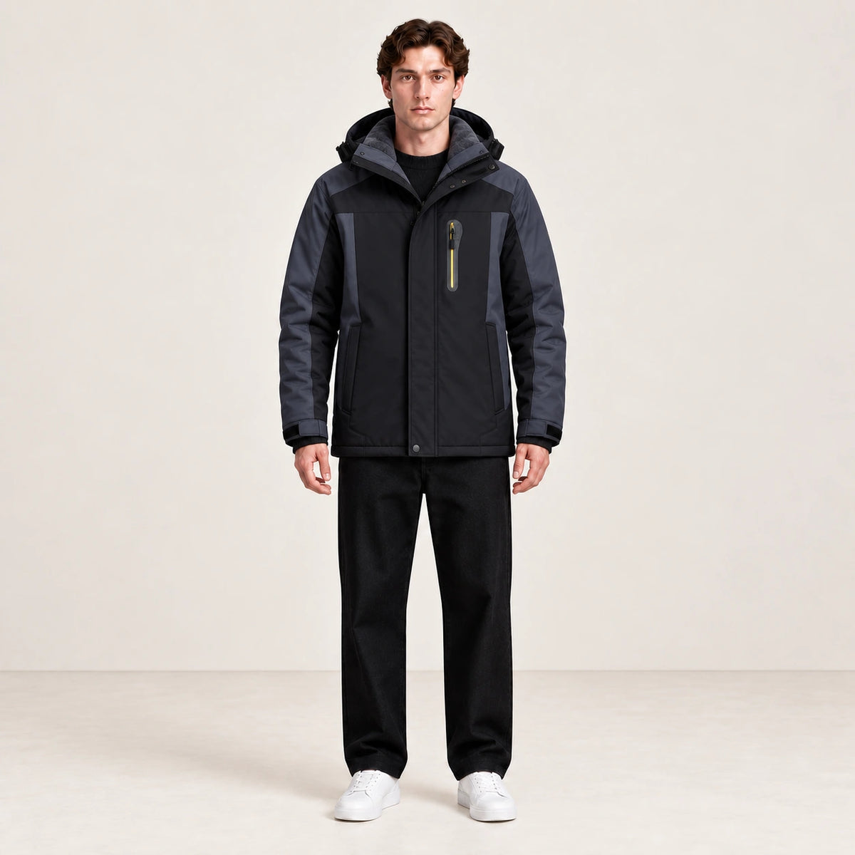 Veste d’hiver technique multipoche noire, portée de face dans le studio IVAREE.