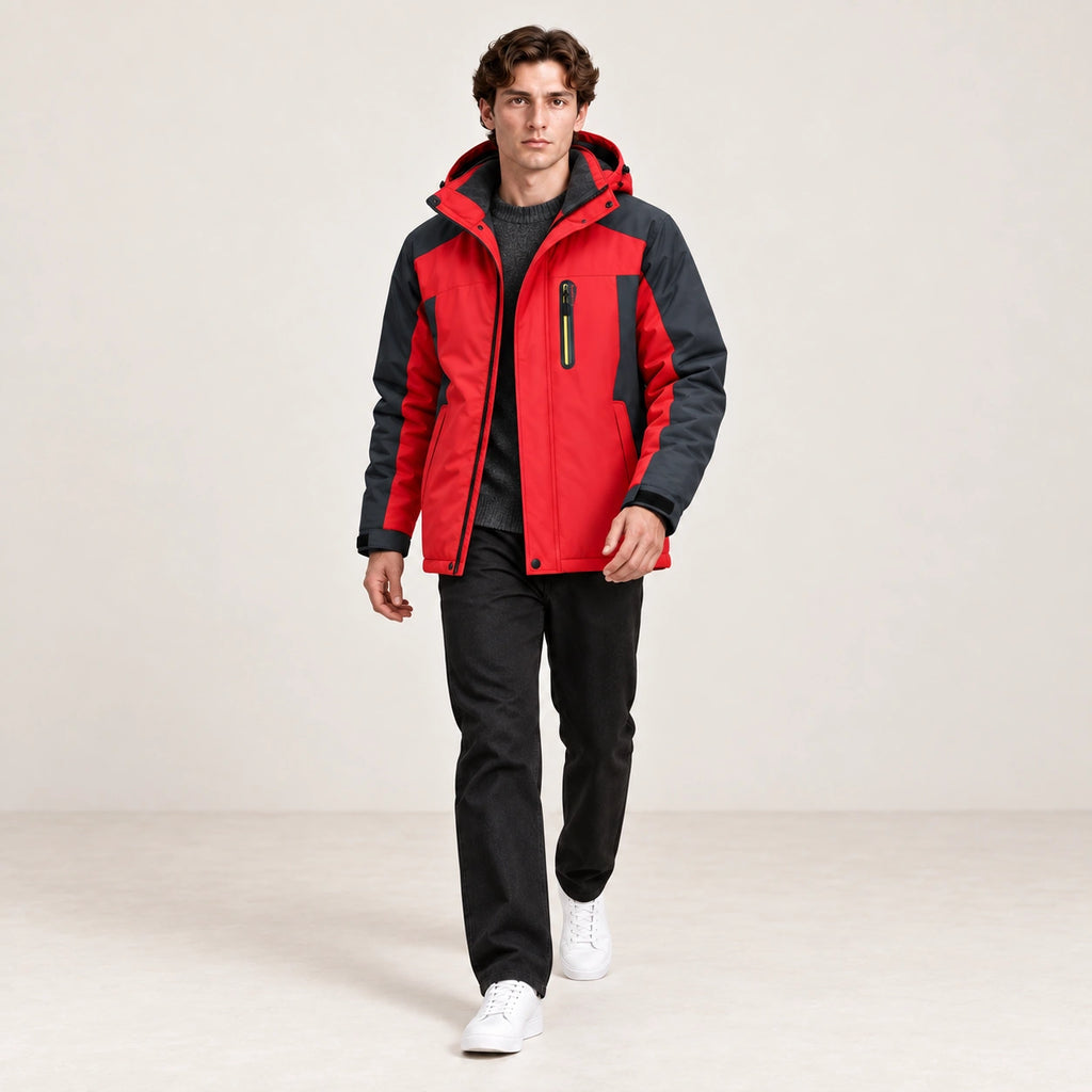Veste d’hiver technique multipoche rouge, portée de trois-quarts dans le studio IVAREE.