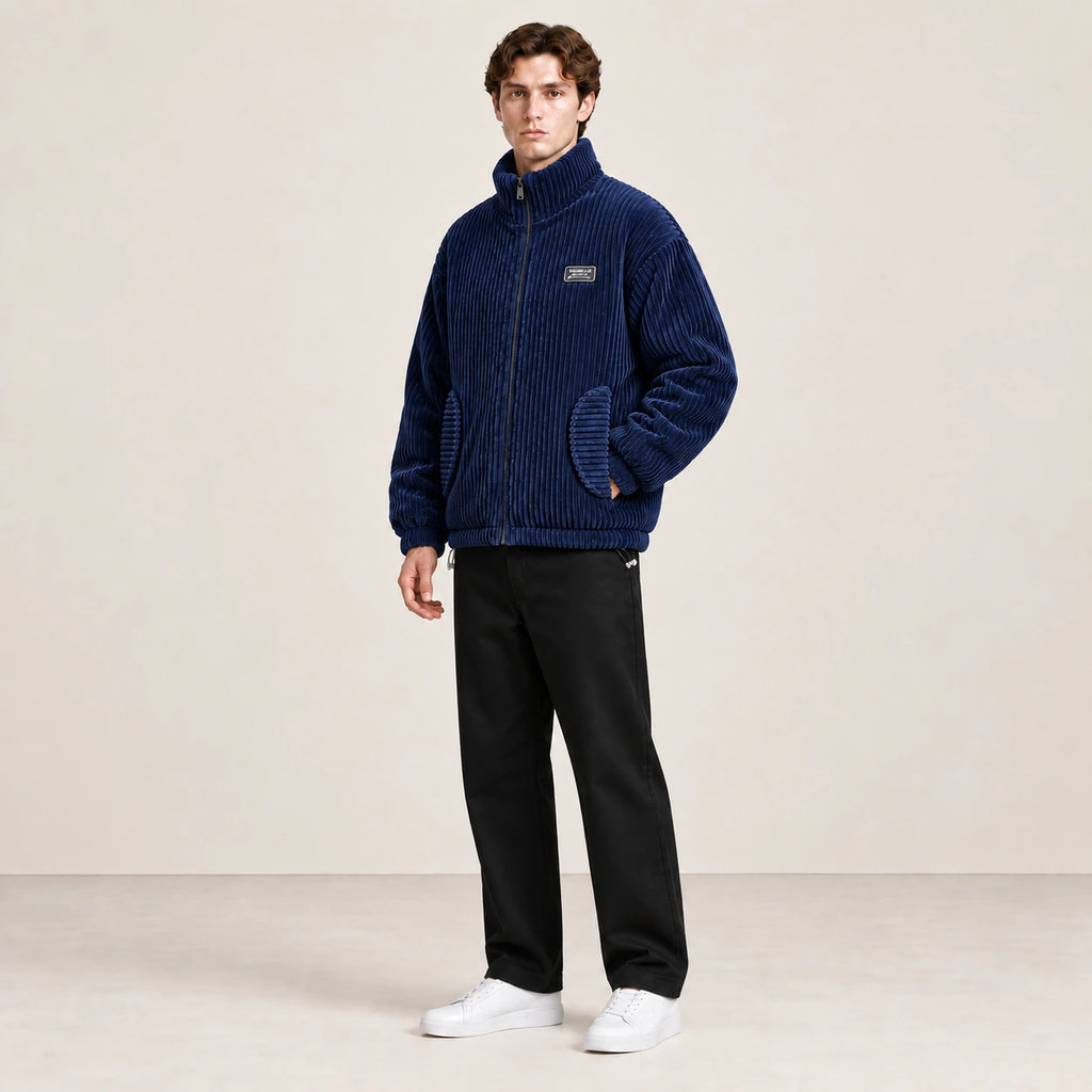 Veste d'hiver en velours côtelé bleu, portée de trois-quarts dans le studio IVAREE.