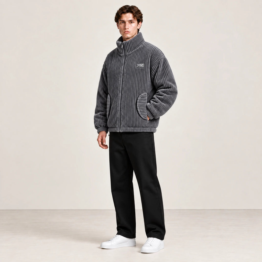 Veste d'hiver en velours côtelé gris foncé, portée de trois-quarts dans le studio IVAREE.