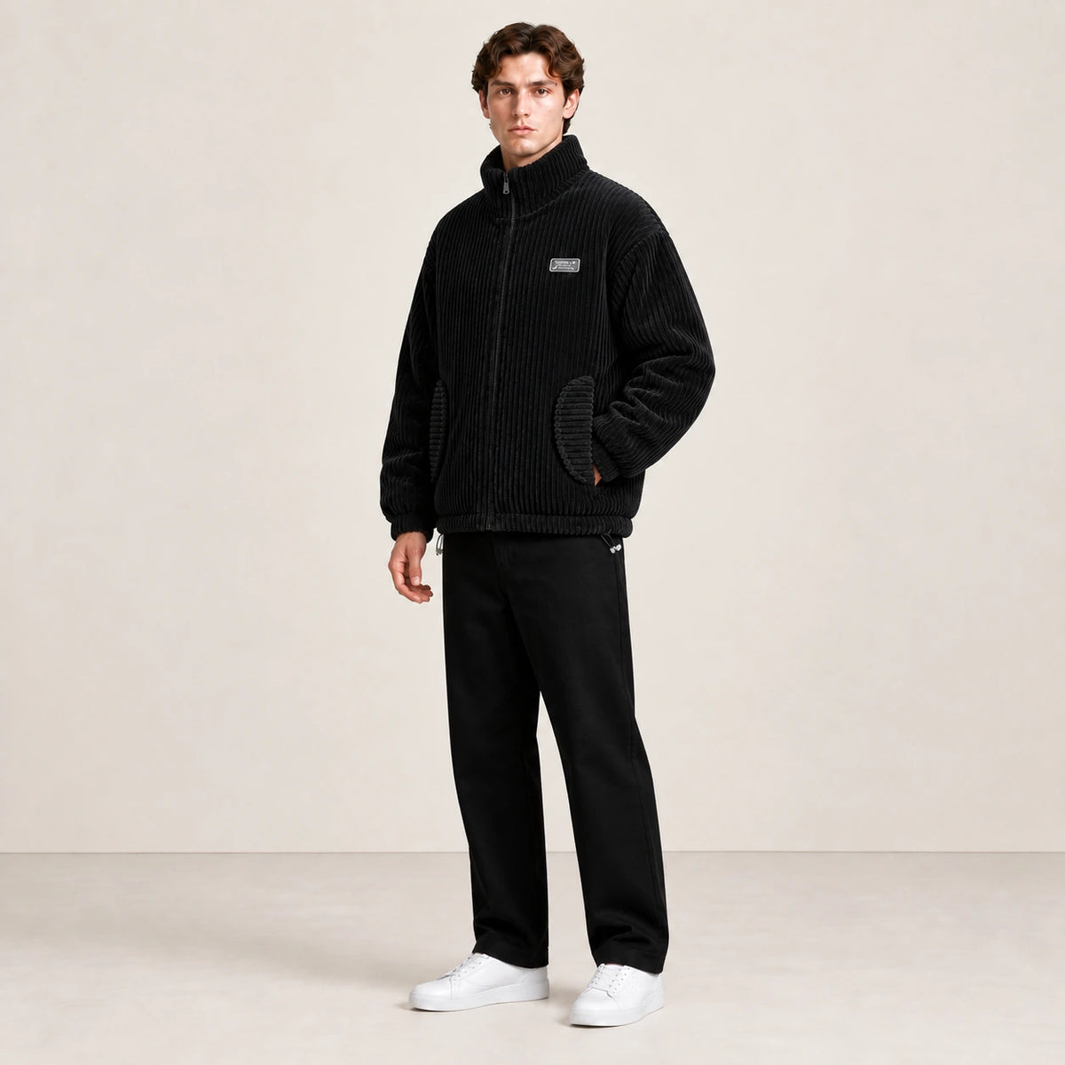 Veste d'hiver en velours côtelé noir, portée de trois-quarts dans le studio IVAREE.