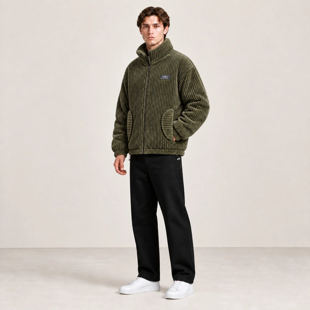 Veste d'hiver en velours côtelé vert kaki, portée de trois-quarts dans le studio IVAREE.