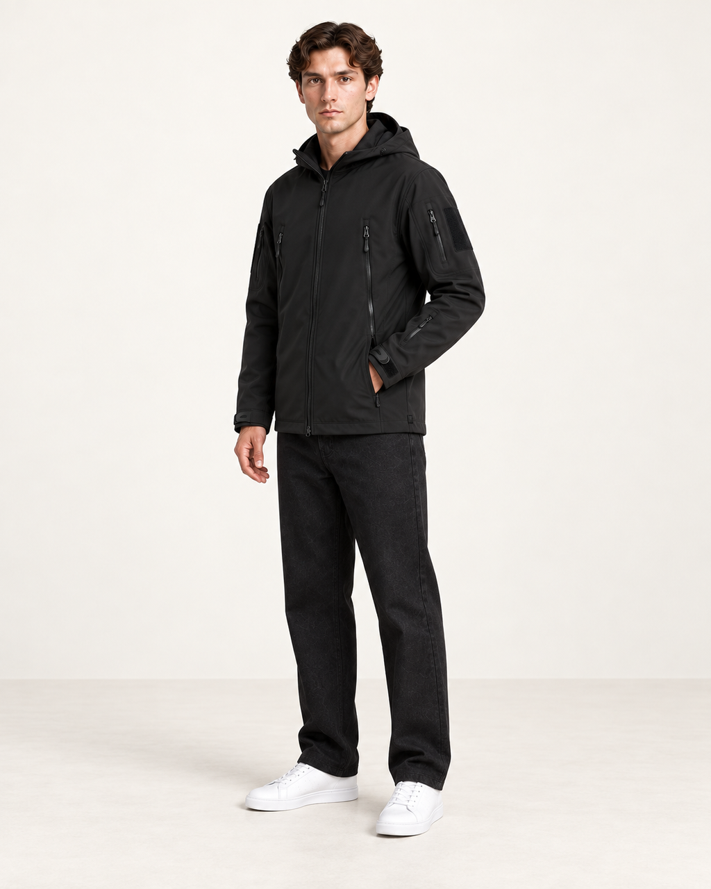 Veste imperméable à capuche et poches zippées noir, vue trois-quarts, studio IVAREE