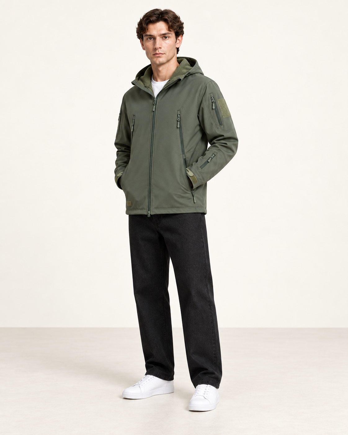 Veste imperméable à capuche et poches zippées vert, vue trois-quarts, studio IVAREE