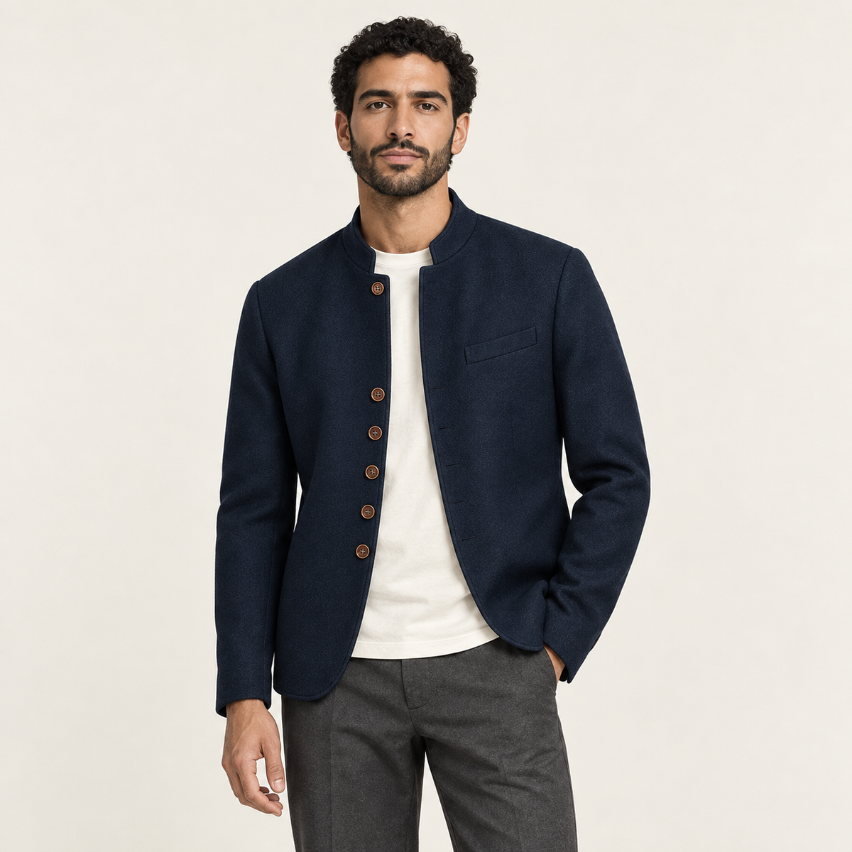 IVAREE — Veste en laine à col droit — Bleu Marine — vue portée de face