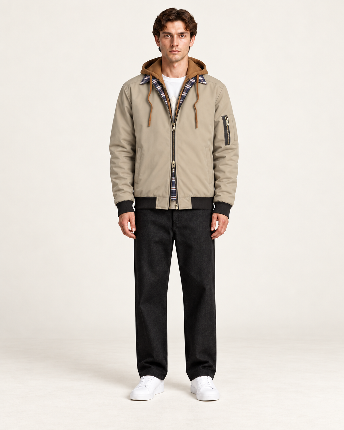 Veste matelassée à capuche kaki, vue face, studio IVAREE