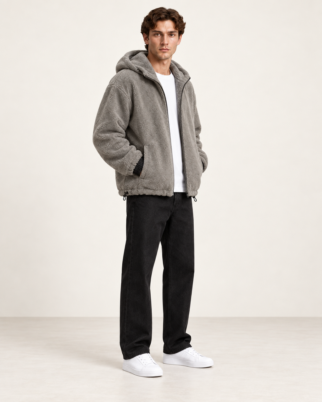 Veste matelassée à capuche beige, vue trois-quarts, dans le studio IVAREE.