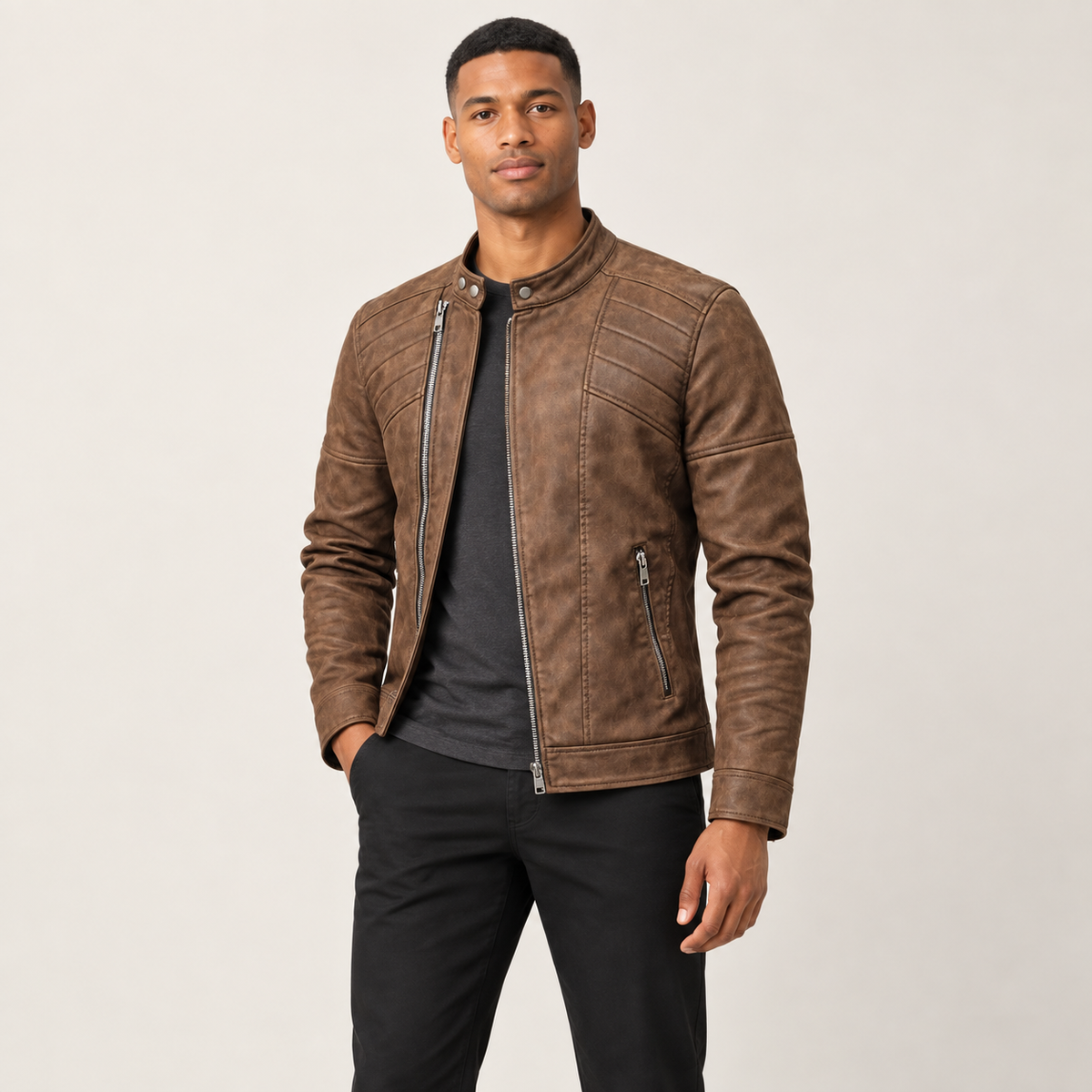 IVAREE — Veste de moto en cuir — Kaki — vue portée de face