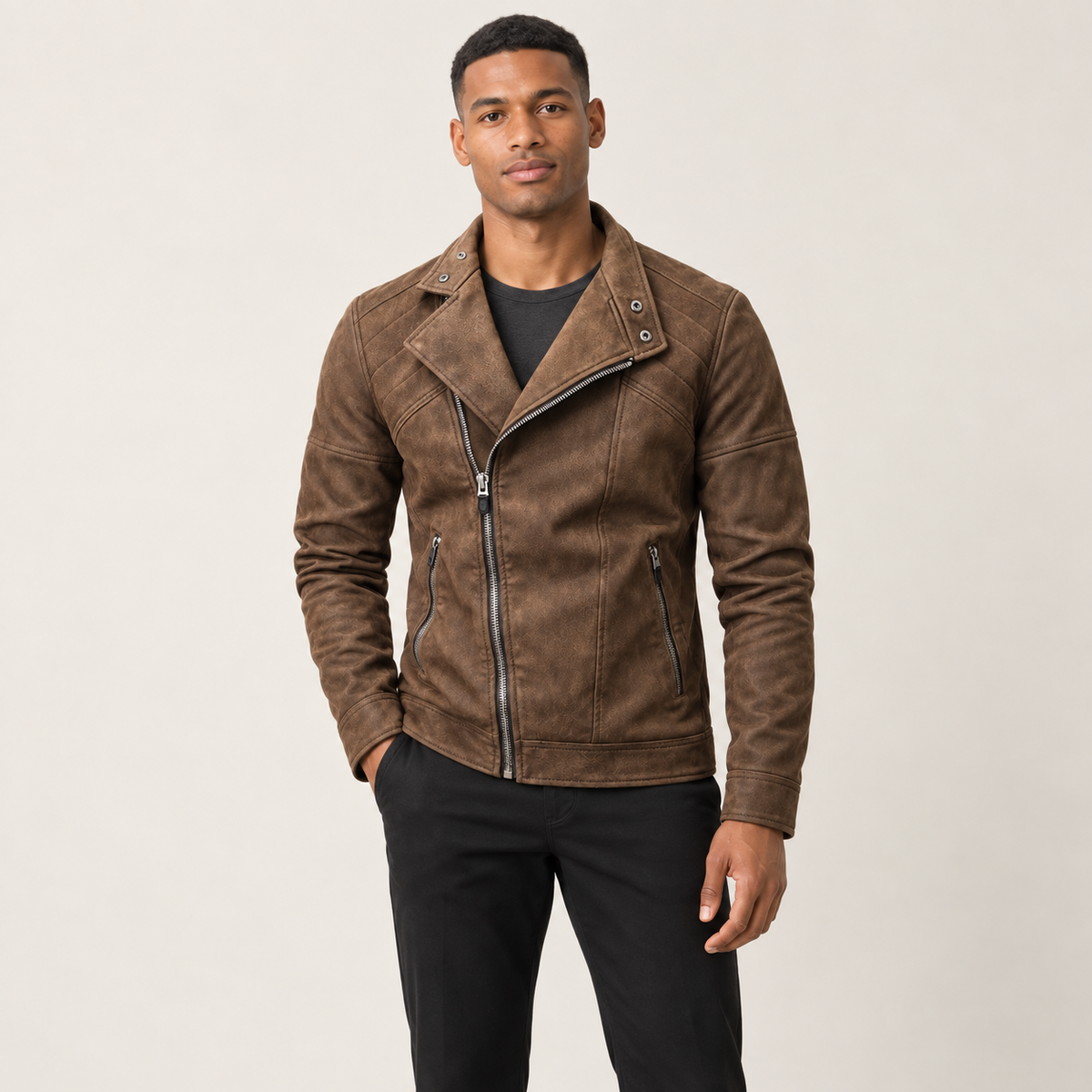 IVAREE — Veste de moto en cuir — Marron — vue portée de face