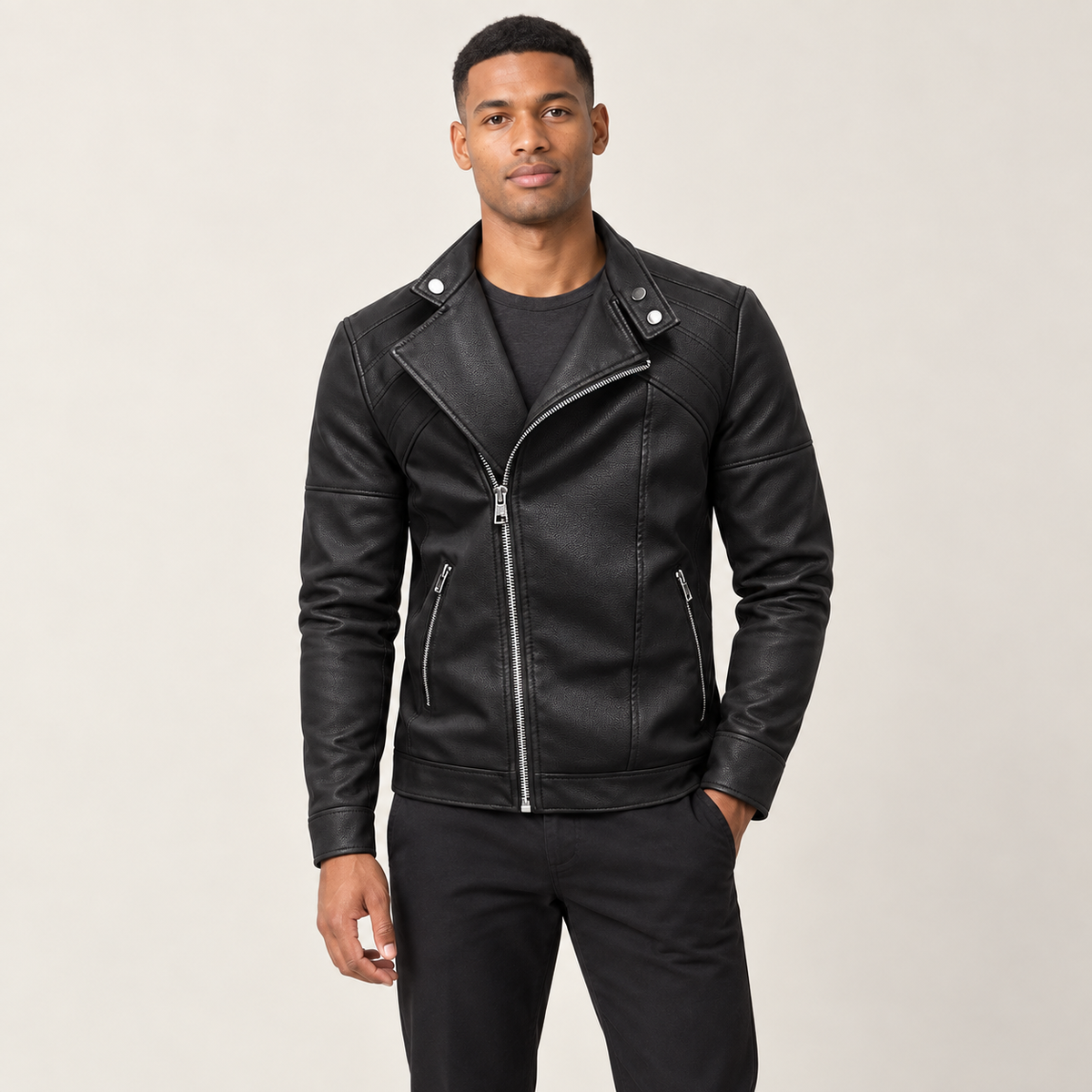 IVAREE — Veste de moto en cuir — Noir — vue portée de face