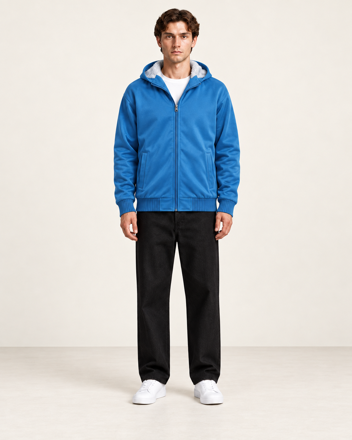 Veste polaire à capuche Bleu, vue face, dans le studio IVAREE.