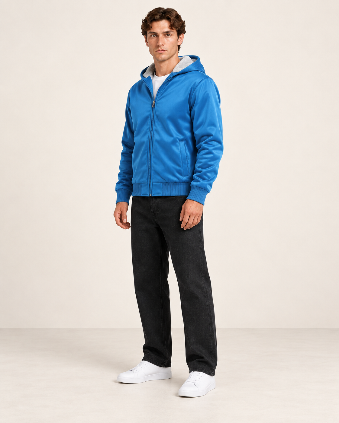 Veste polaire à capuche Bleu, vue trois-quarts, dans le studio IVAREE.