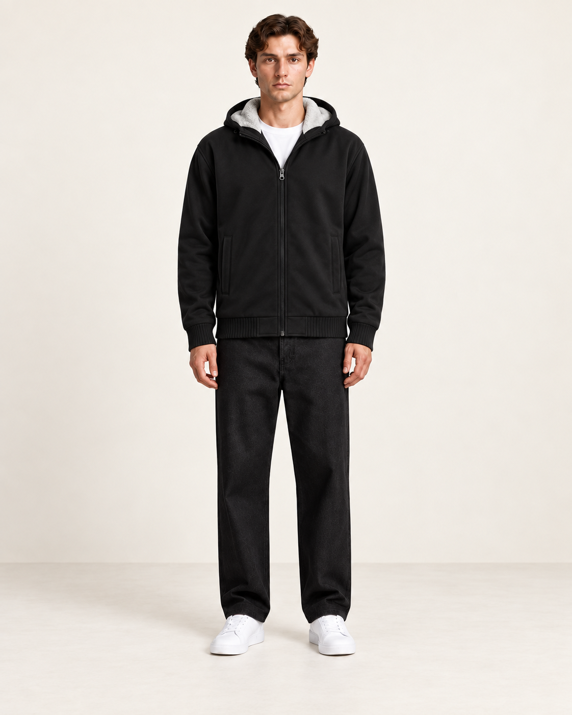 Veste polaire à capuche Noir, vue face, dans le studio IVAREE.
