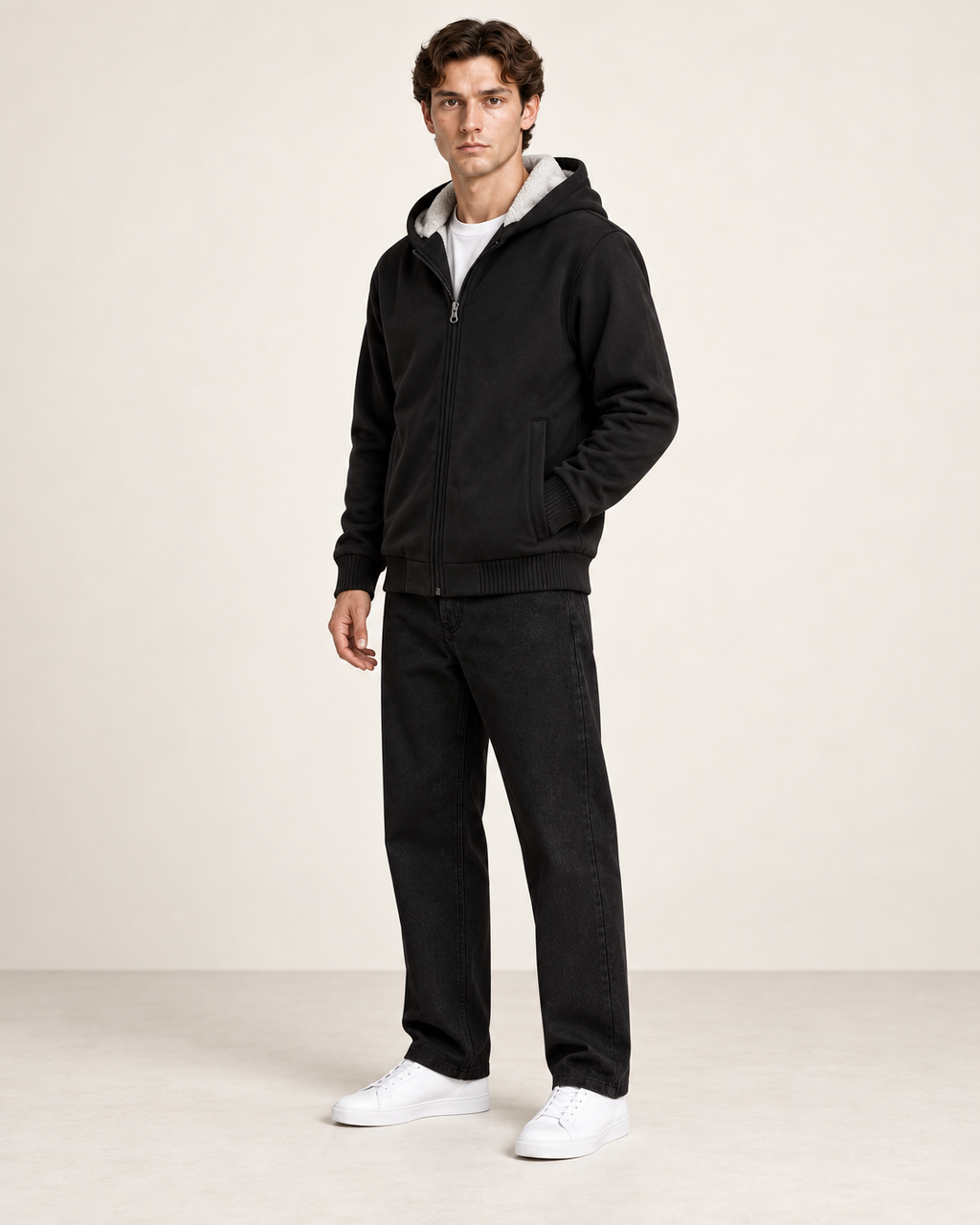 Veste polaire à capuche Noir, vue trois-quarts, dans le studio IVAREE.