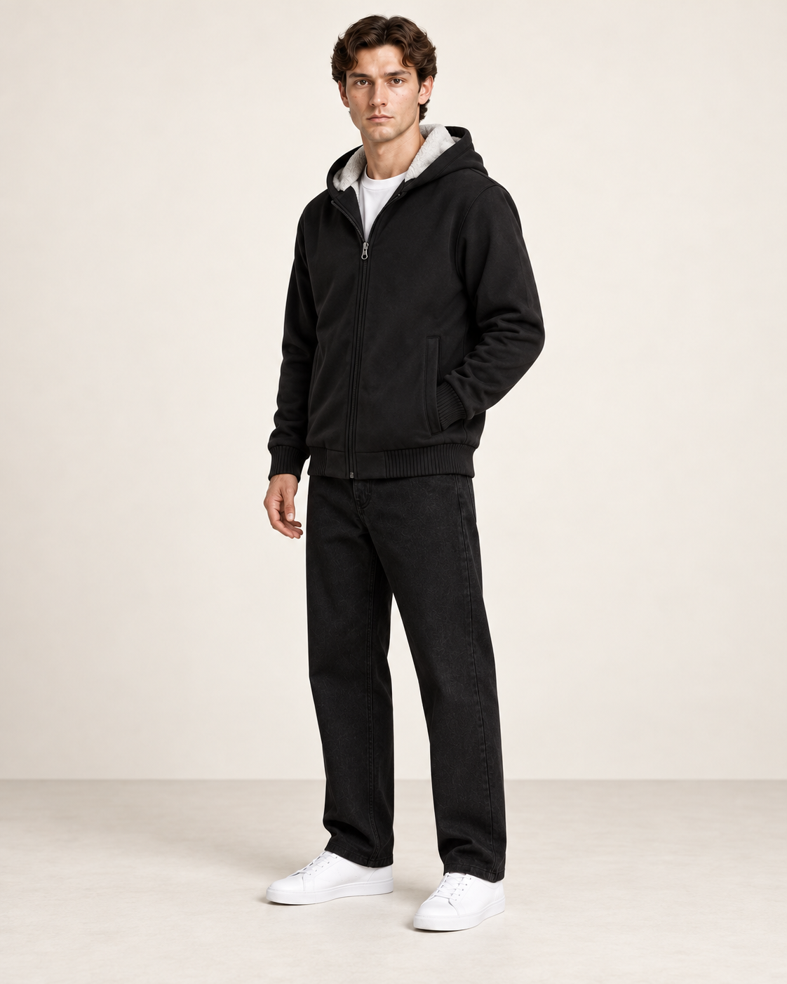 Veste polaire à capuche Noir, vue trois-quarts, dans le studio IVAREE.