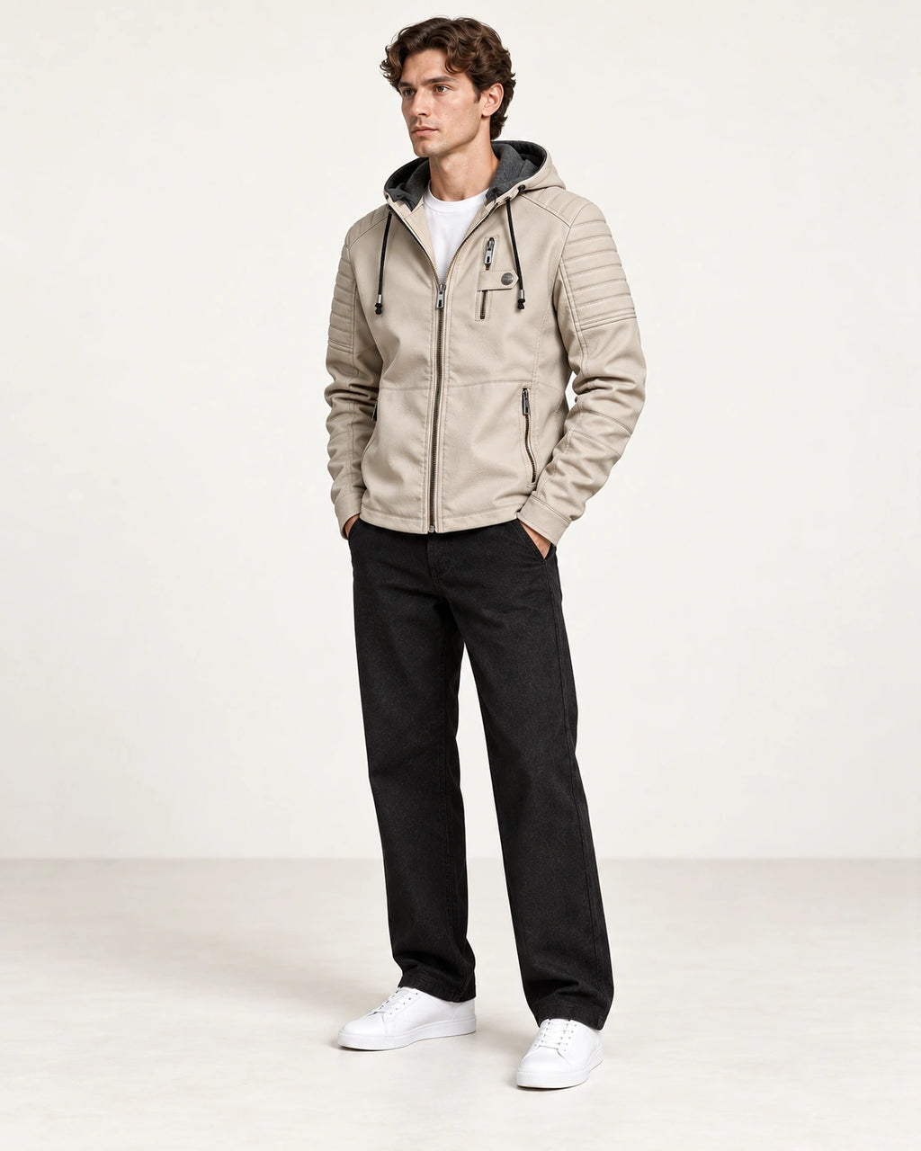 Veste softshell à capuche beige portée de trois-quarts dans le studio IVAREE.