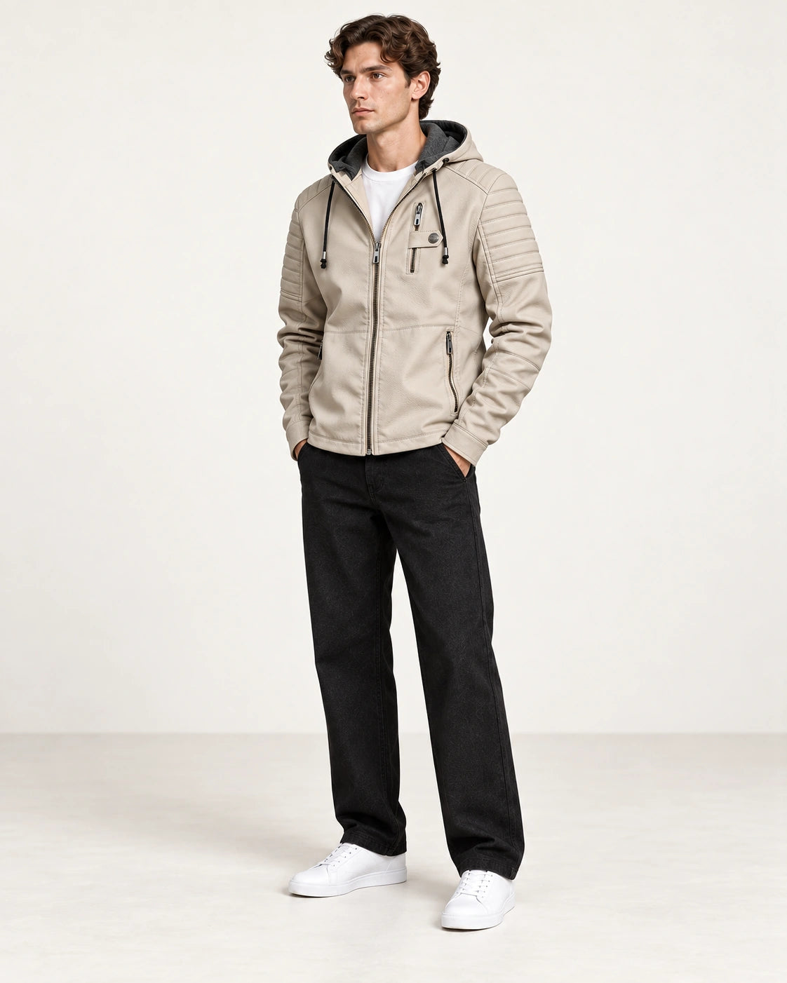 Veste softshell à capuche beige portée de trois-quarts dans le studio IVAREE.
