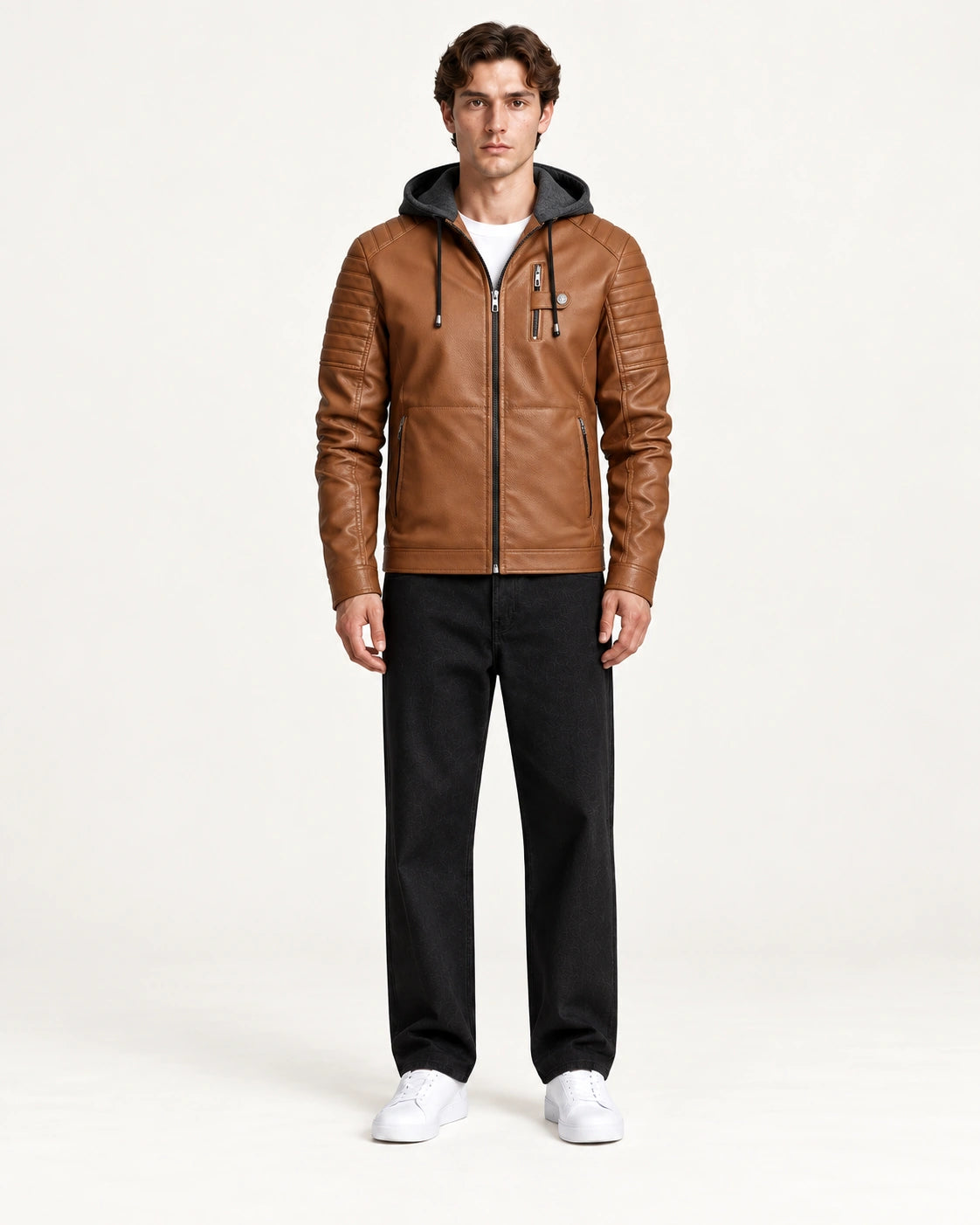 Veste softshell à capuche marron portée de face dans le studio IVAREE.