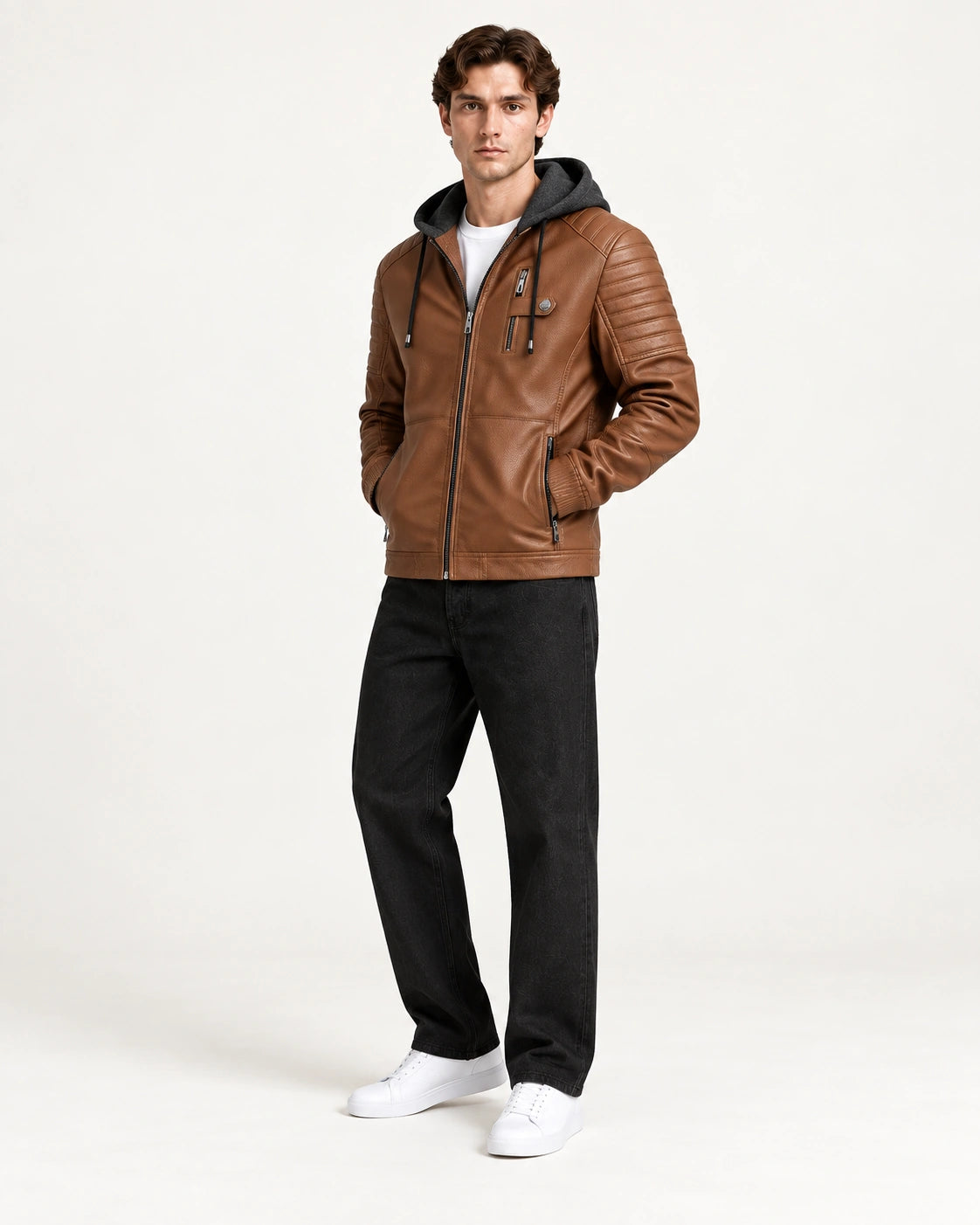 Veste softshell à capuche marron portée de trois-quarts dans le studio IVAREE.