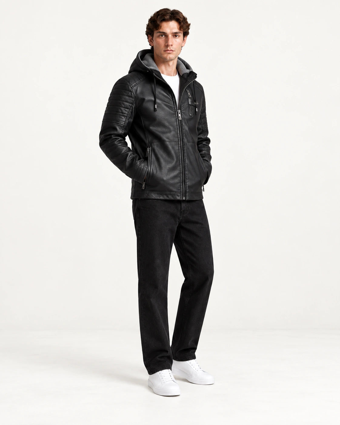 Veste softshell à capuche noire portée de trois-quarts dans le studio IVAREE.