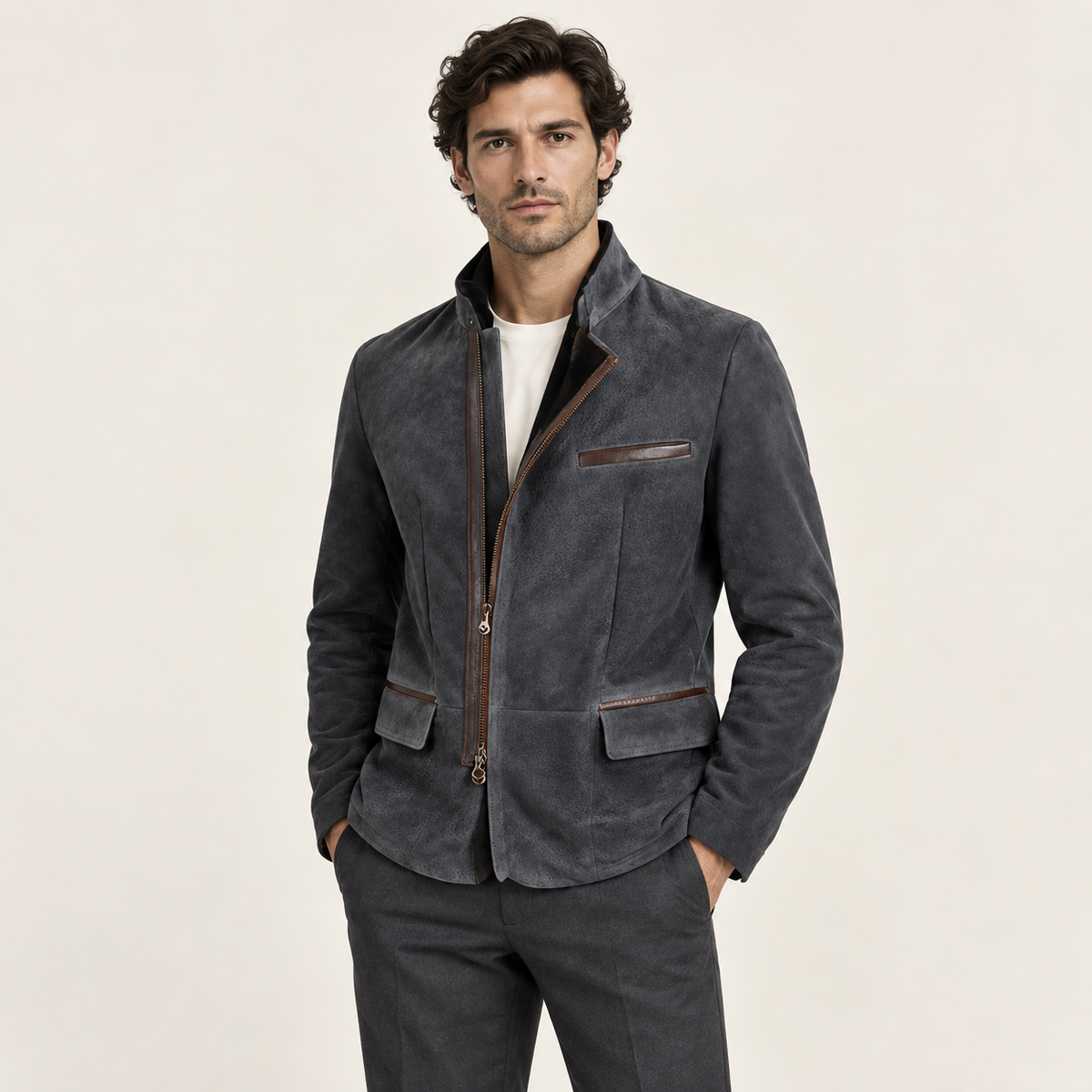 IVAREE — Veste zippée en daim — Gris — vue portée de face