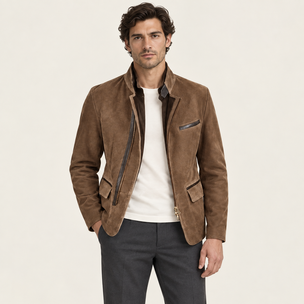 IVAREE — Veste zippée en daim — Marron — vue portée de face
